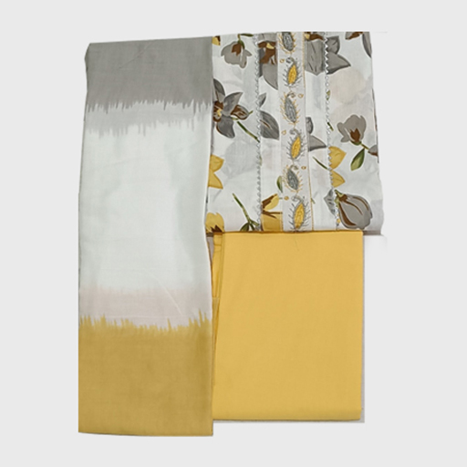 Floral Printed Cotton Suite Material with White Fabric, Yellow and Grey Flower
