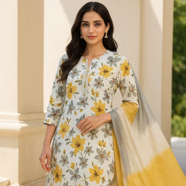 Yellow with Grey Floral Print Cotton Suite