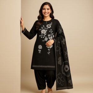Rayon Cotton Fabric with Floral Printed Suit (Black)