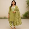 Geographic Printed Cotton Suite Material with Green Fabric (Suite, Salwar & Dupatta)