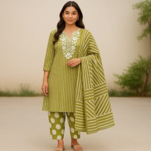 Geographic Printed Cotton Suite Material with Green Fabric (Suite, Salwar & Dupatta)