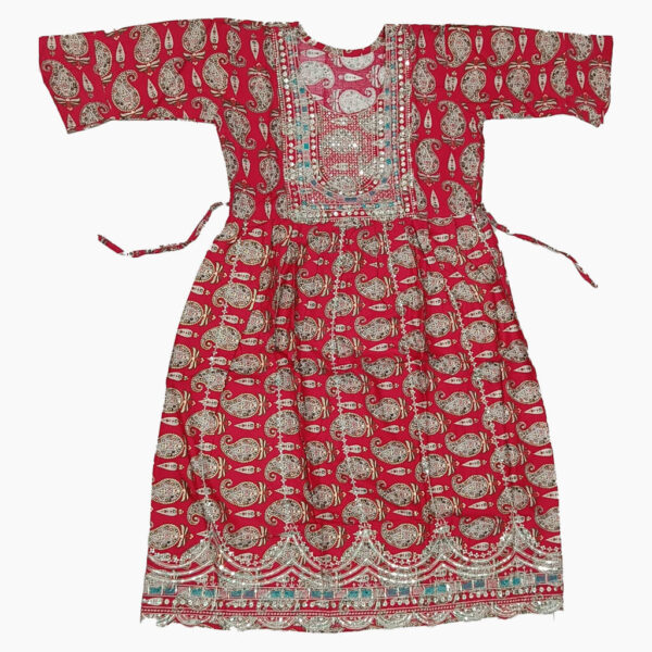 Printed-Anarkali-Frock-Suit Printed Cotton Anarkali Dress with Mirror Work Neckline